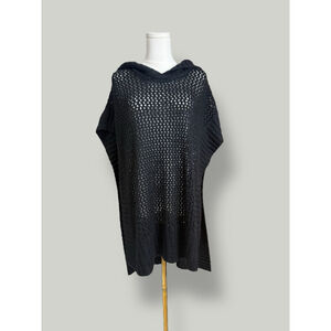 BCBG Coverup Women Size XS Black Knit Crochet Hoodie Beach Boho Pullover Poncho